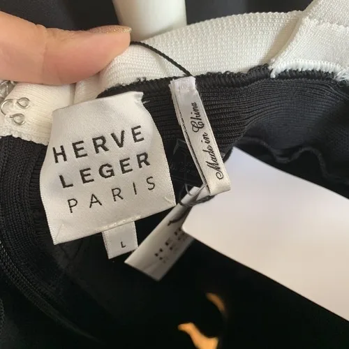 Herve Leger Contrast Strap V-Neck Bandage Dress Size Large MSRP image indicator(7)