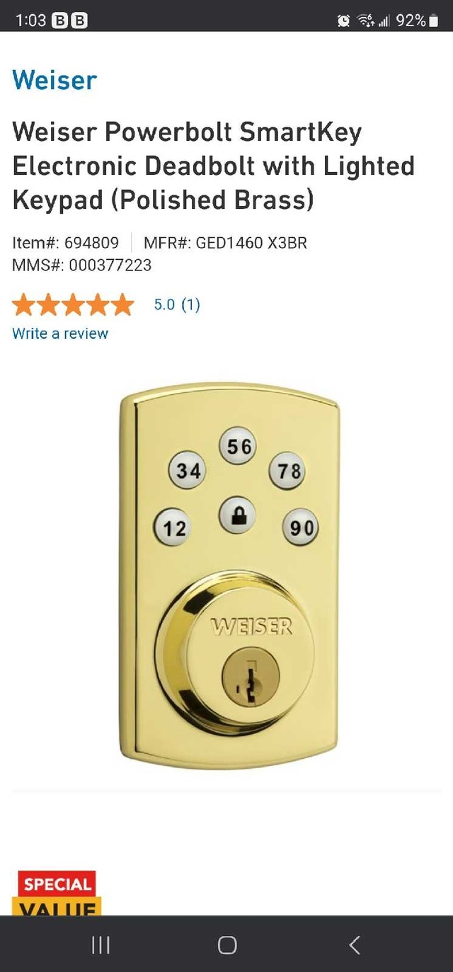 Weiser Powerbolt 2 Brass/ Gold Keyless Entry Door Lock