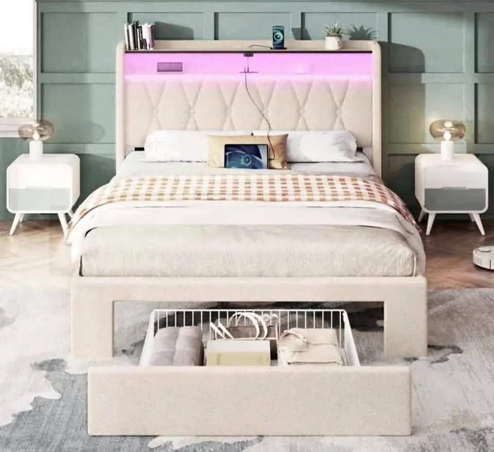 Twin/Single Upholstered Platform Bed with Storage Drawer and LED