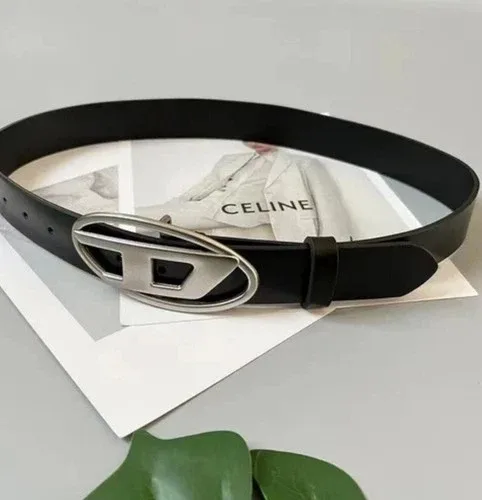 Unisex Black Leather Belt with Diesel D Metal Buckle