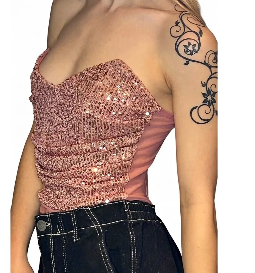 FashionNova Strapless Pink Sequin Bodysuit