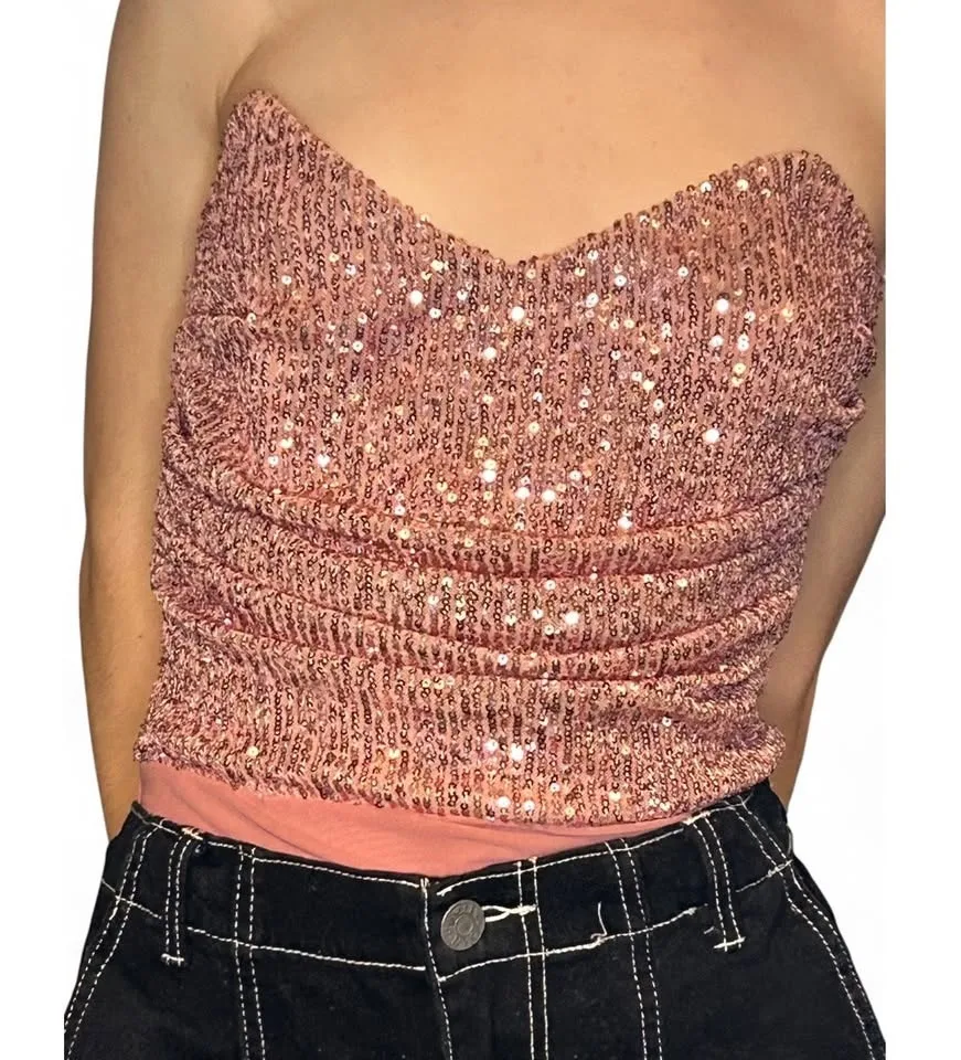 FashionNova Strapless Pink Sequin Bodysuit image indicator(3)