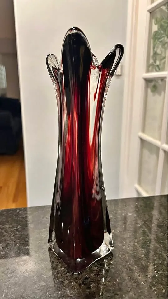 Long glass art red vase