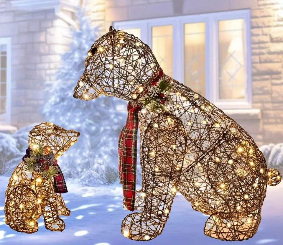 Lighted Polar Rattan Bear Family (2PCS) 140 LED Decor
