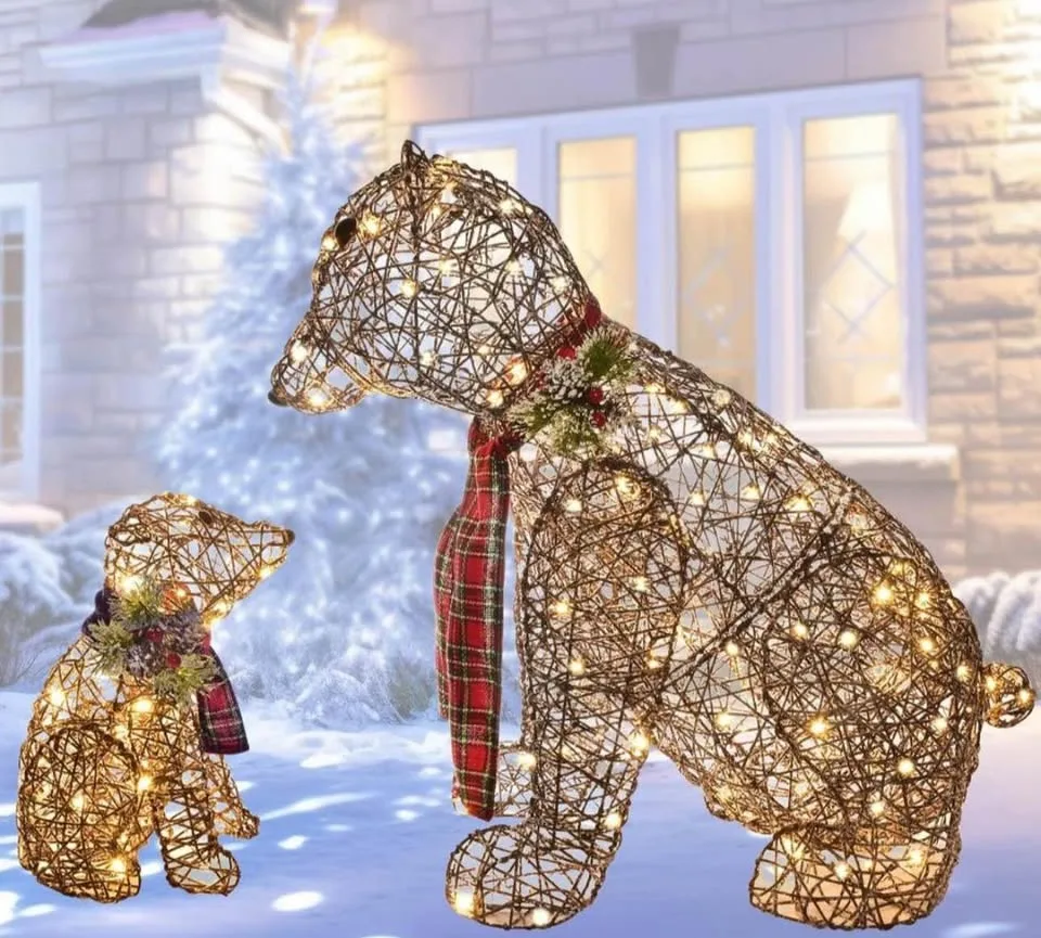 Lighted Polar Rattan Bear Family (2PCS) 140 LED Decor image indicator(2)