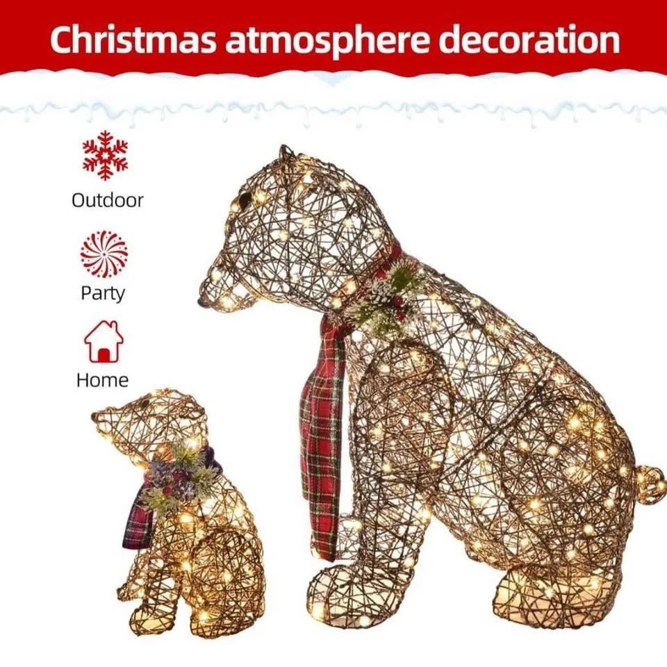 Lighted Polar Rattan Bear Family (2PCS) 140 LED Decor image indicator(4)