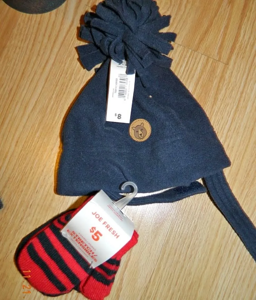 TODDLER NWT JOE FRESH FLEECE HAT AND 3 PK STRETCHY MITTS SET...H