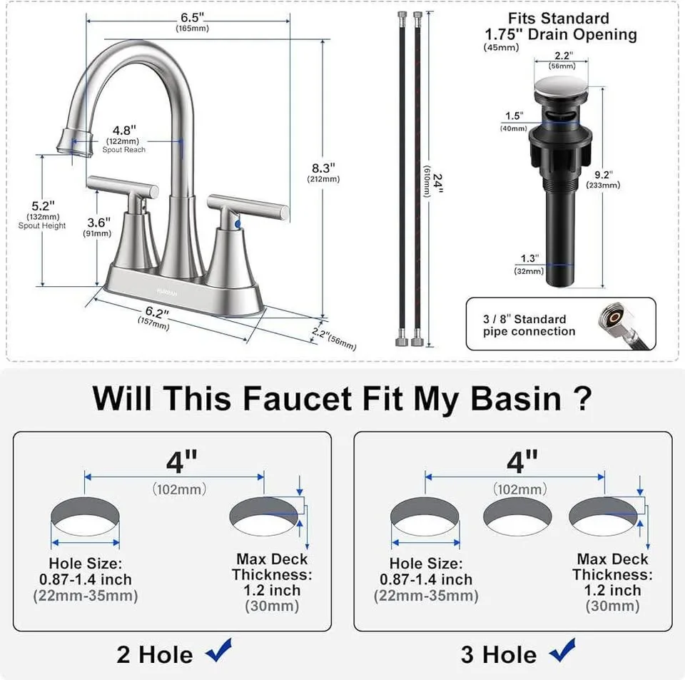 Bathroom Faucets for Sink 3 Hole, Hurran 4 inch Nickel image indicator(5)