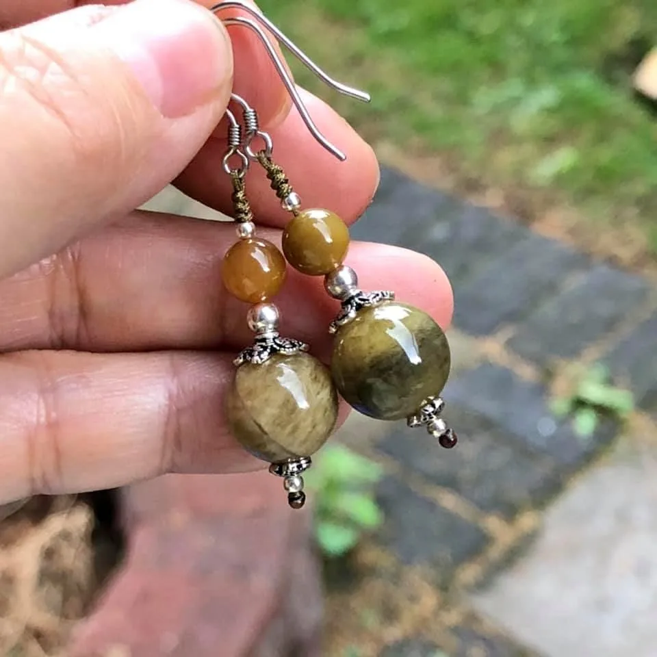 Natural beige , green and yellow tourmaline earrings