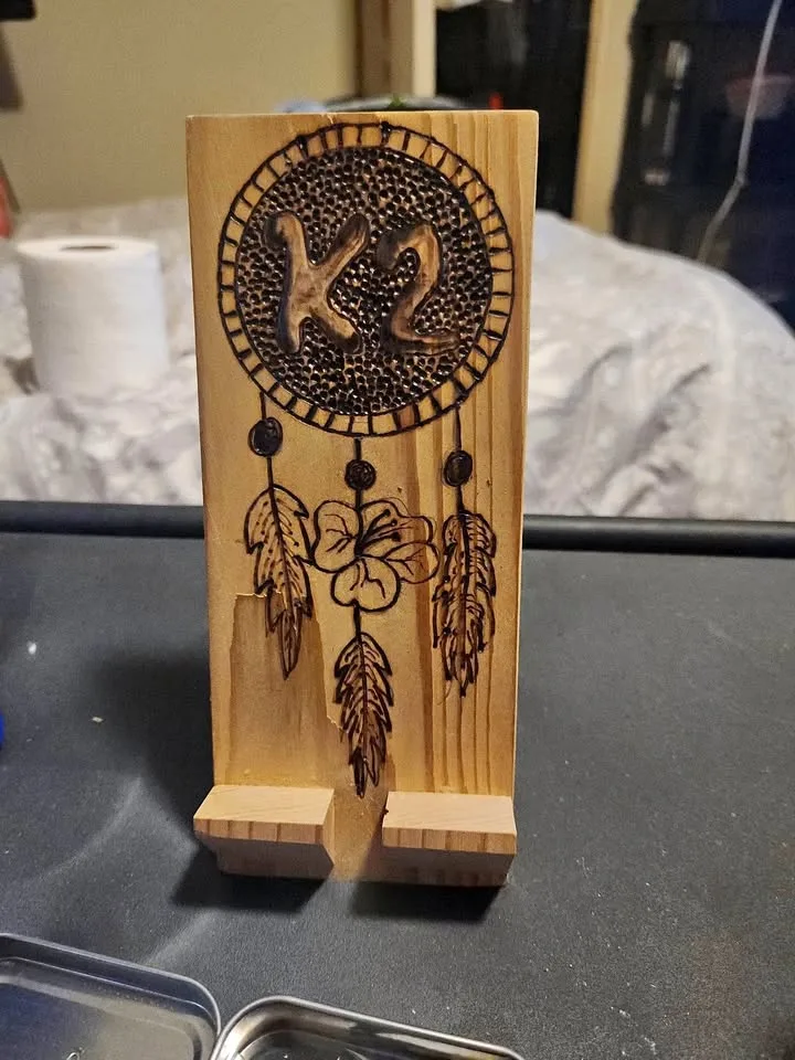 Handmade Wood-Burned Phone Stand — Dreamcatcher Design