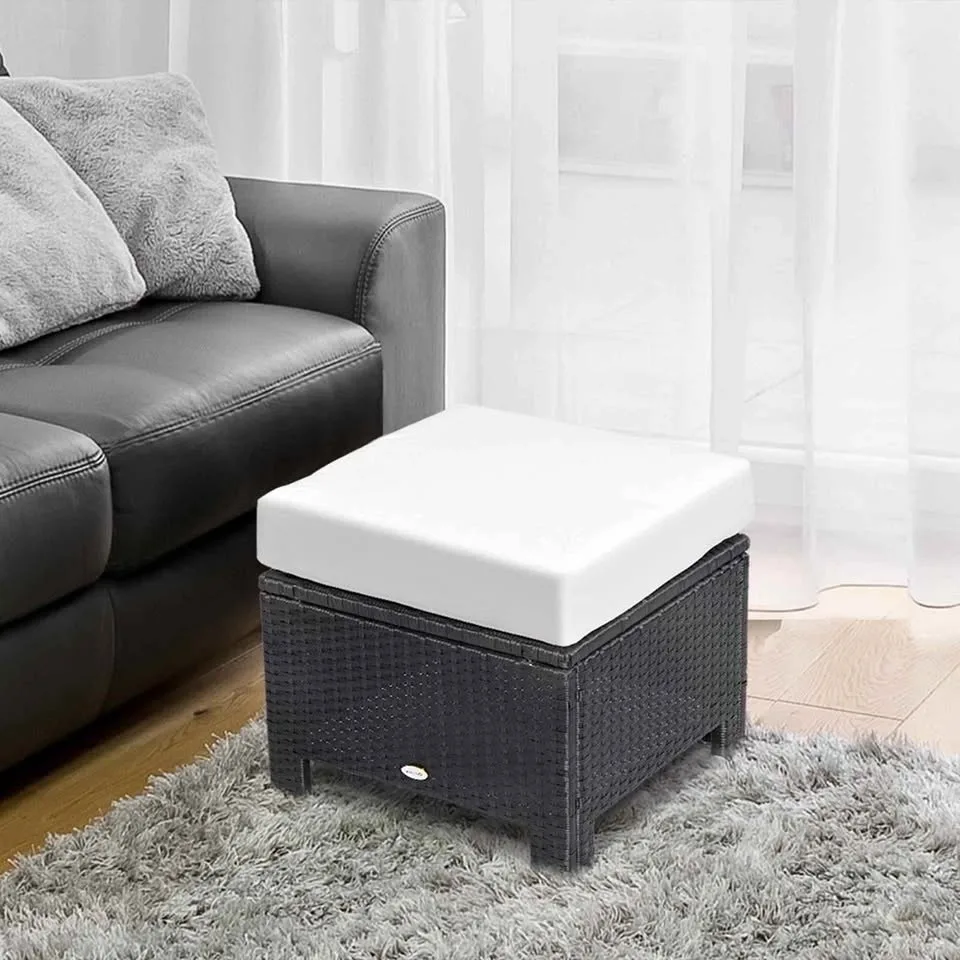 Outsunny Patio Rattan Ottoman with White Cushion