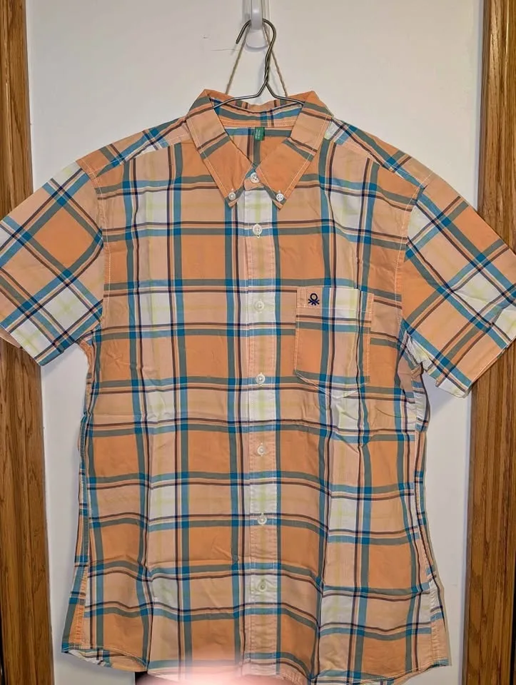 Orange checkered shirt by Benetton (Italy) #cleanout