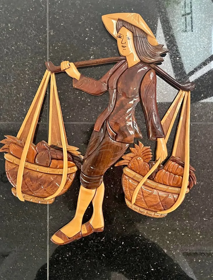 Wooden Fruit Bearing Woman Chinese Hanging Art thumbnail
