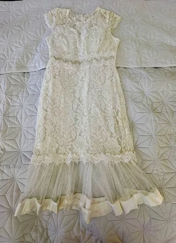 Cream Lace Midi Dress with Sheer Tulle Hem