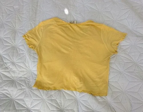 Yellow Ruched Tie-Front Baby Tee – Lettuce Hem Y2K Crop Top, Siz image indicator(2)