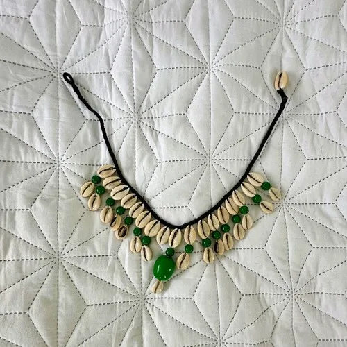Cowrie Shell Choker Necklace – Green Beaded Boho Beach