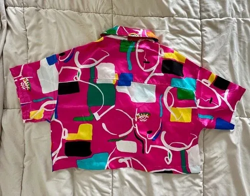 Bright Abstract Print Crop Button-Up Shirt | Size Medium image indicator(2)
