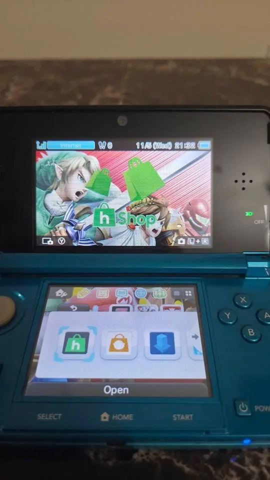 Aqua Blue Modded Nintendo 3DS | 8gb SD | hShop & Every Game image indicator(8)