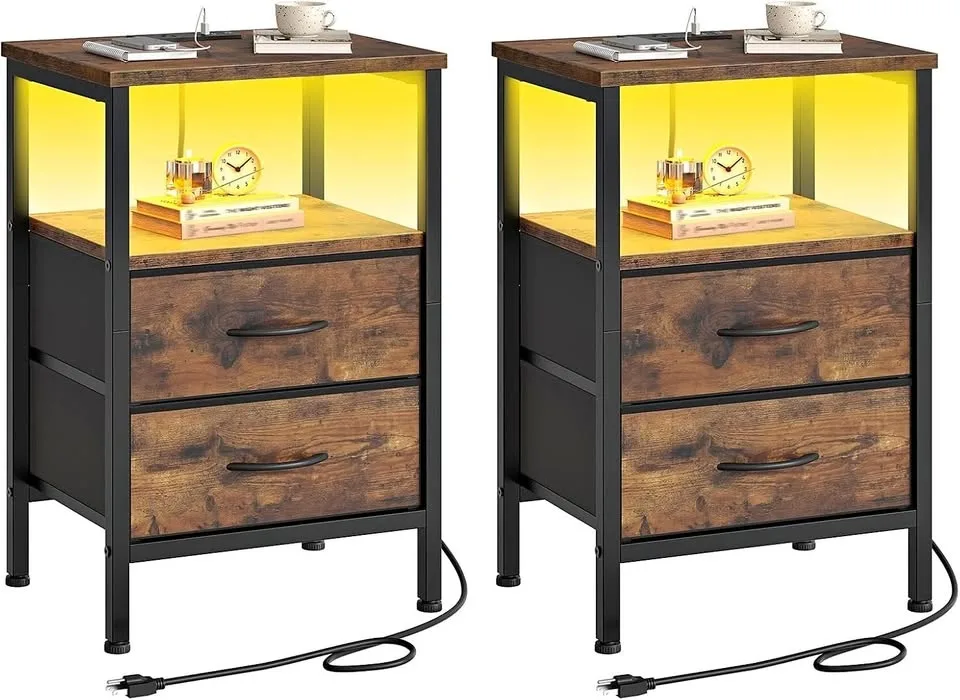 HOOBRO Set of 2 Nightstands with Charging Station and LED Light