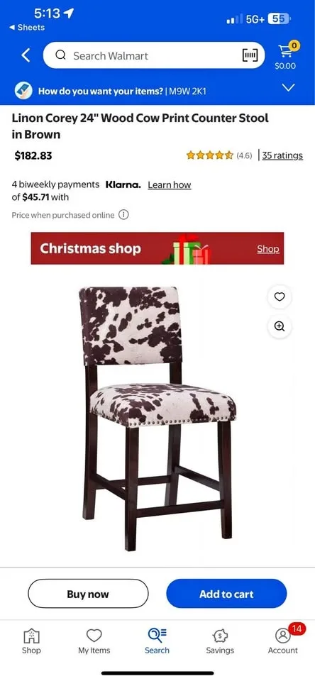 Linon Corey Cow Print Counter Stool