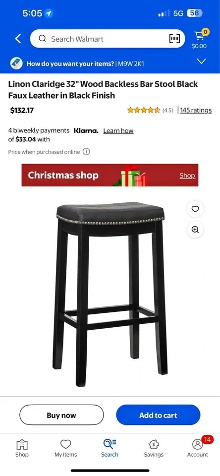 Linon Claridge Bar Stool Black Faux Leather