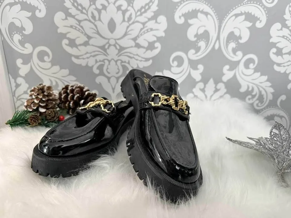 Sam & Libby Patent Black Reese Lug Mule Loafer- Women’s Size 9