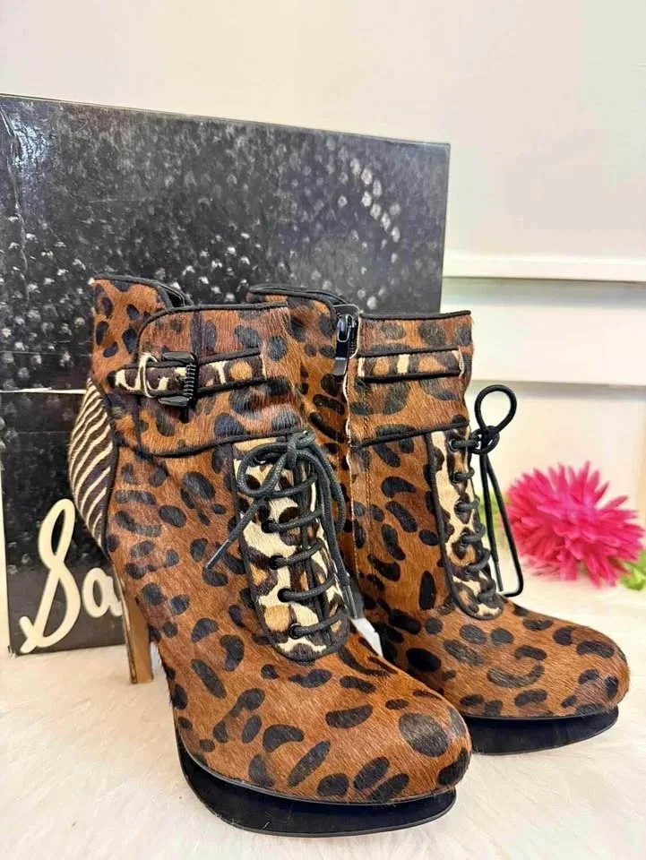 Sam Edelman Uma Calf Fur Animal Print Heeled Boots- Women’s Size