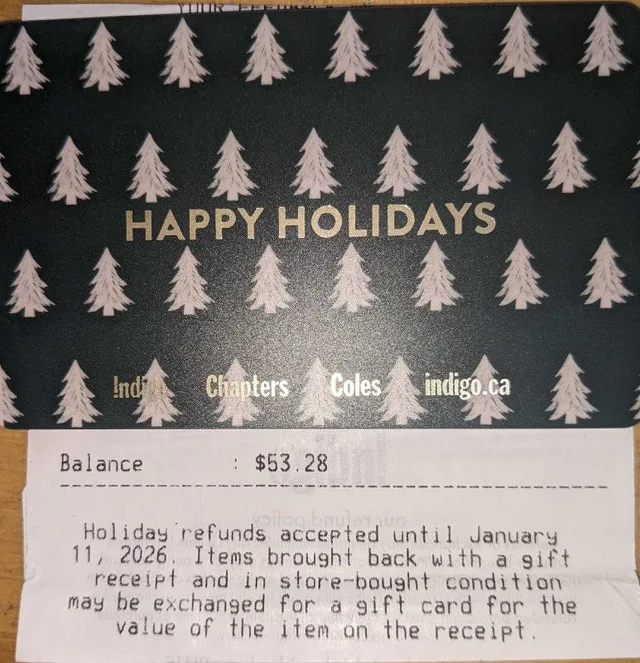 Indigo Gift card$53.28, selling $40 cash