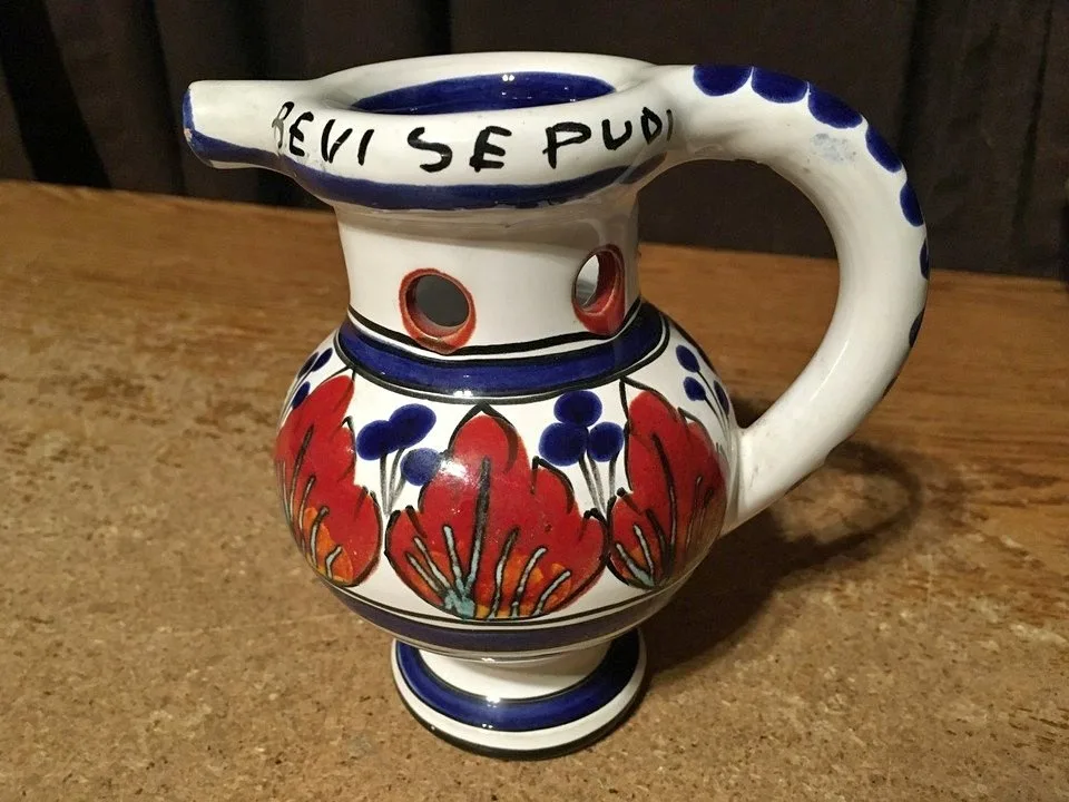 VINTAGE ITALIAN PUZZLE JUG REVI SE PUOI DRINK IF YOU CAN BLUE BR