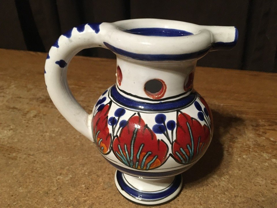 VINTAGE ITALIAN PUZZLE JUG REVI SE PUOI DRINK IF YOU CAN BLUE BR - photo 3