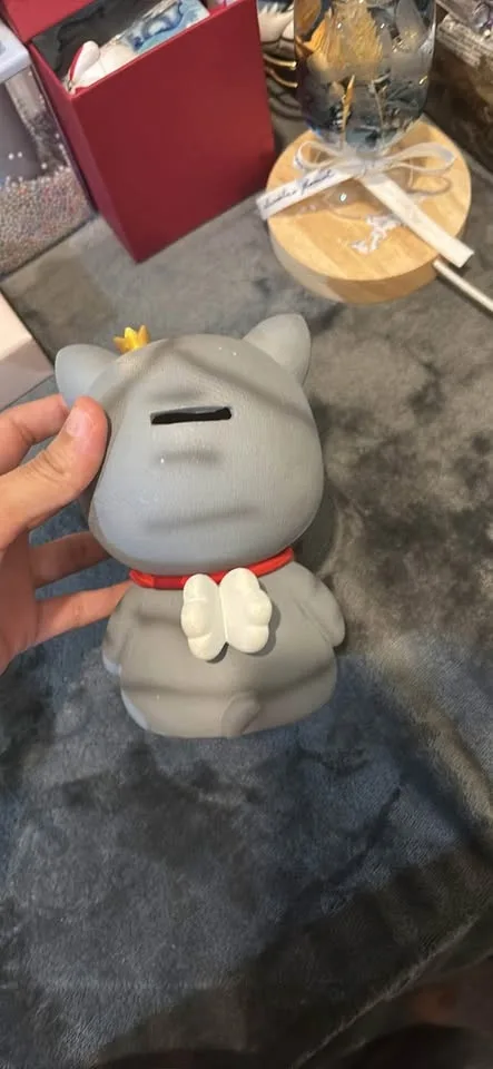 Cute Gray Cat Coin Bank with Crown & Bell – Piggy Bank image indicator(2)