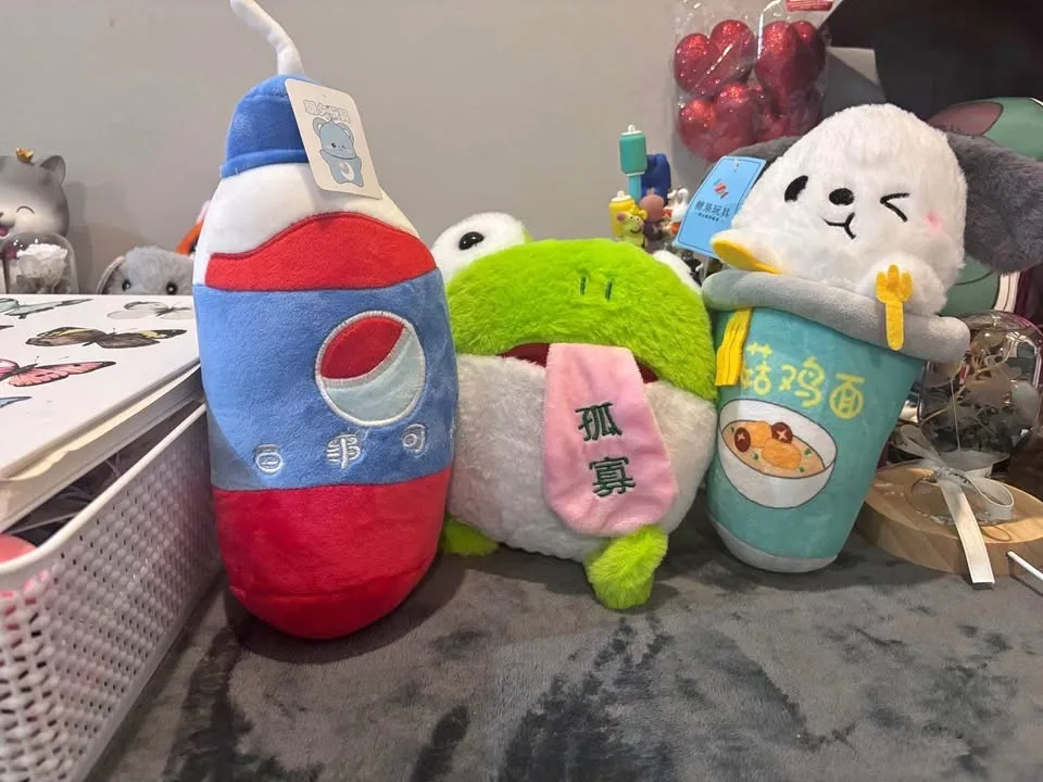 Cute Plushie Bundle – Soda Bottle, Frog, and Noodle Cup Puppy