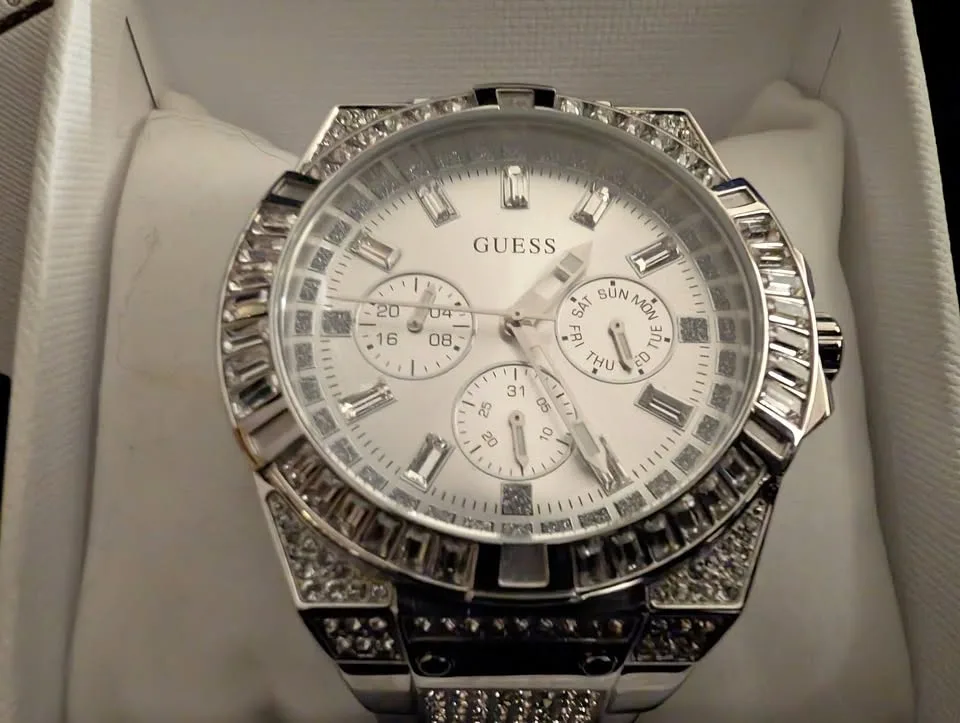 GUESS silver chronograph watch with crystal bezel