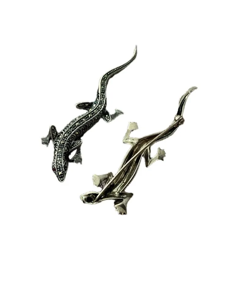Vintage marcasite lizard brooch, sterling silver lapel pin