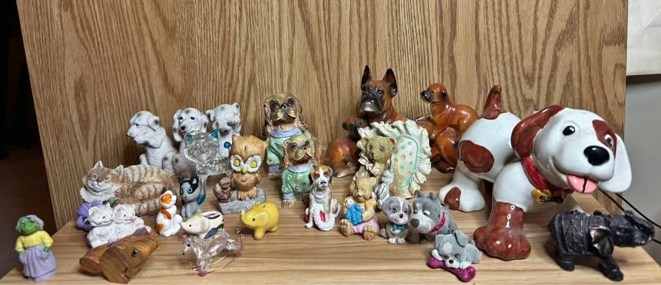 Miniature porcelain figurines- cats, dogs, bears, elephants - -a