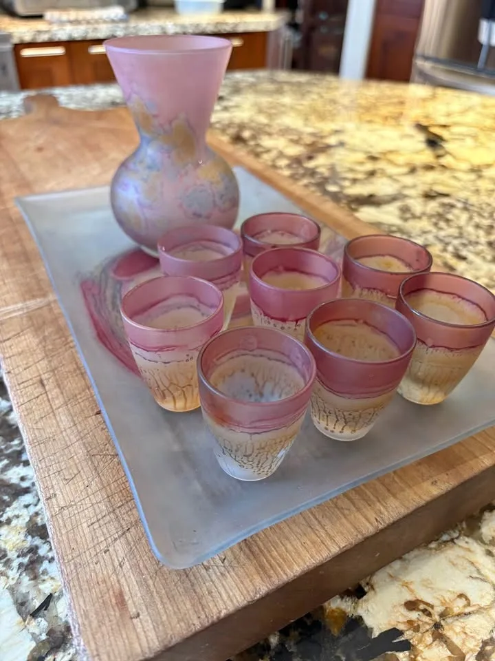 Stunning hand painted carafe, glasses and plate