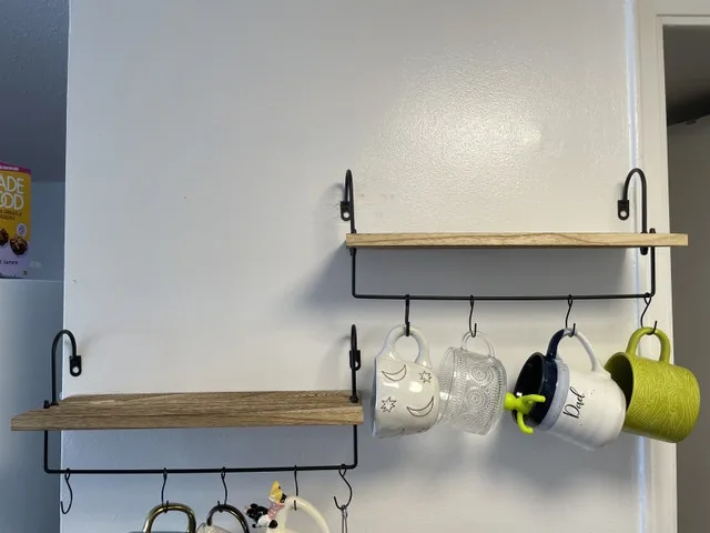 wooden shelves-2/can hang 4 cups on one shelf