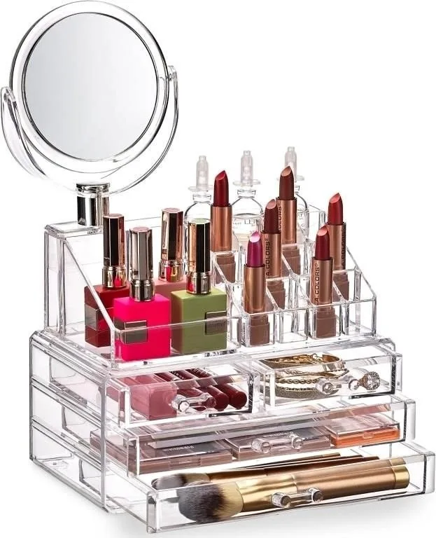 Makeup Organizer with Mirror - 16-Compartment Cosmetic