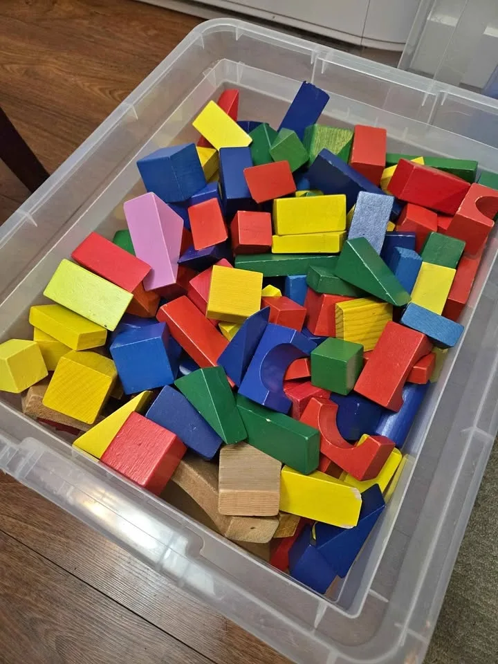 32 Litre box full of wooden blocks