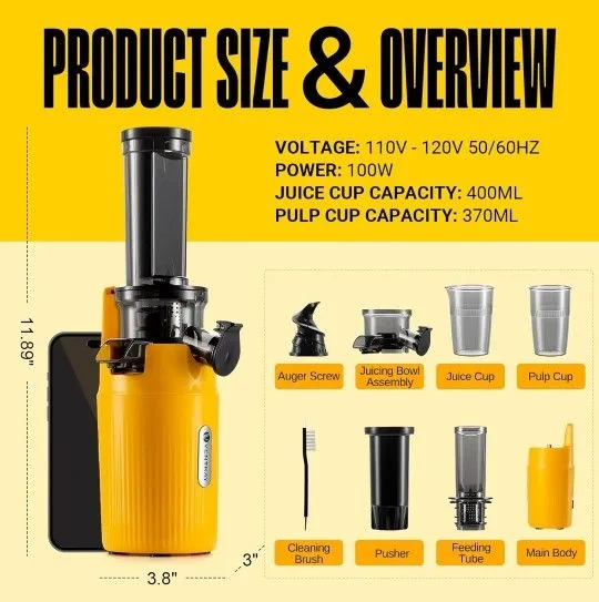 Ventray Ginnie Mini Cold Press Juicer - Sunny Yellow