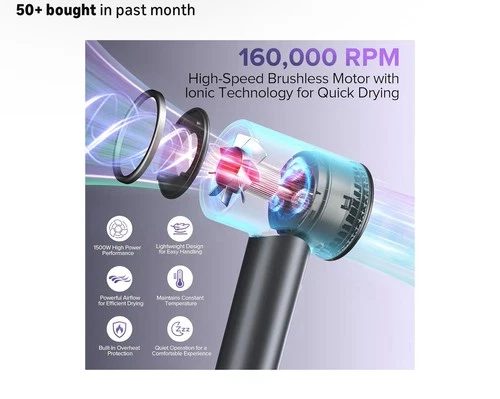 High-Speed Hair Dryer 160000 RPM Ionic Motor w/ Nozzles - photo 2