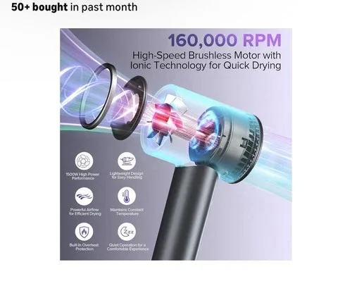 High-Speed Hair Dryer 160000 RPM Ionic Motor w/ Nozzles image indicator(2)