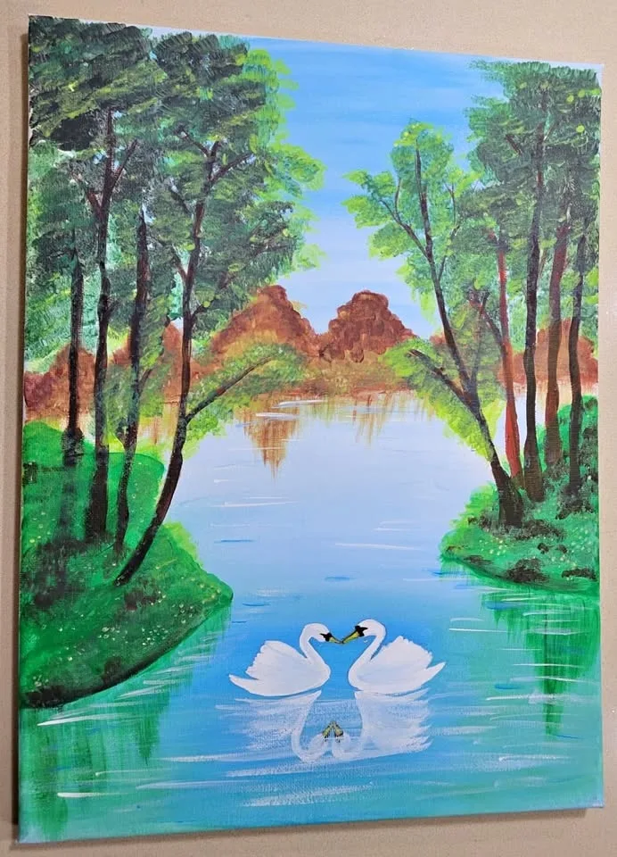Handmade Landscape Acrylic Painting – Swan Lake (16" × 12")
