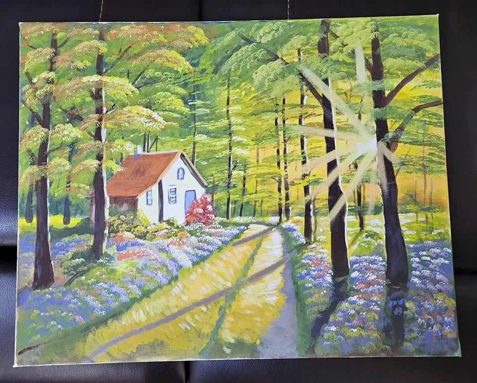Handmade Landscape Acrylic Painting - Forest Cottage