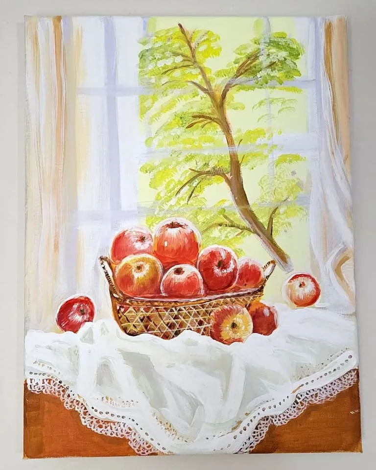 Handmade Still Life Acrylic Painting - Apples (12" × 9")