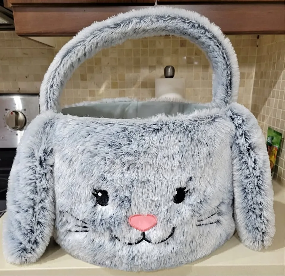 Soft Plush Bunny Basket – Grey Furry Storage / Easter Basket