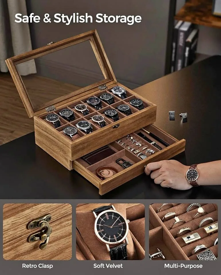 SONGMICS 12-Slot Watch Box – 2-Tier Display Case | NEW | Rustic
