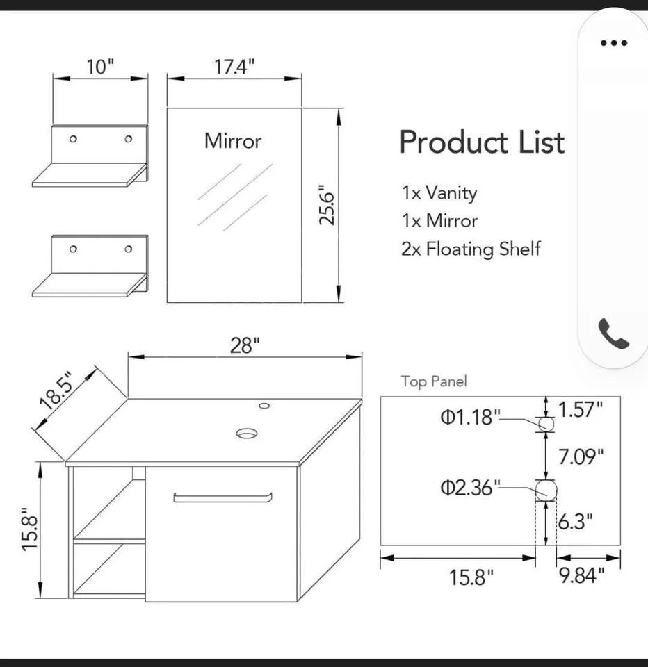 New in Box. 28in Floating Vanity Cabinet with Mirror image indicator(9)