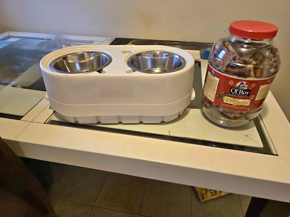 two hight dog bowl with storage and auto water dispenser