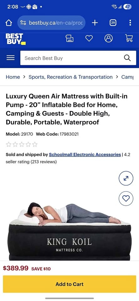 🆕️King Koil Queen Air Mattress w/ Built-in Pump